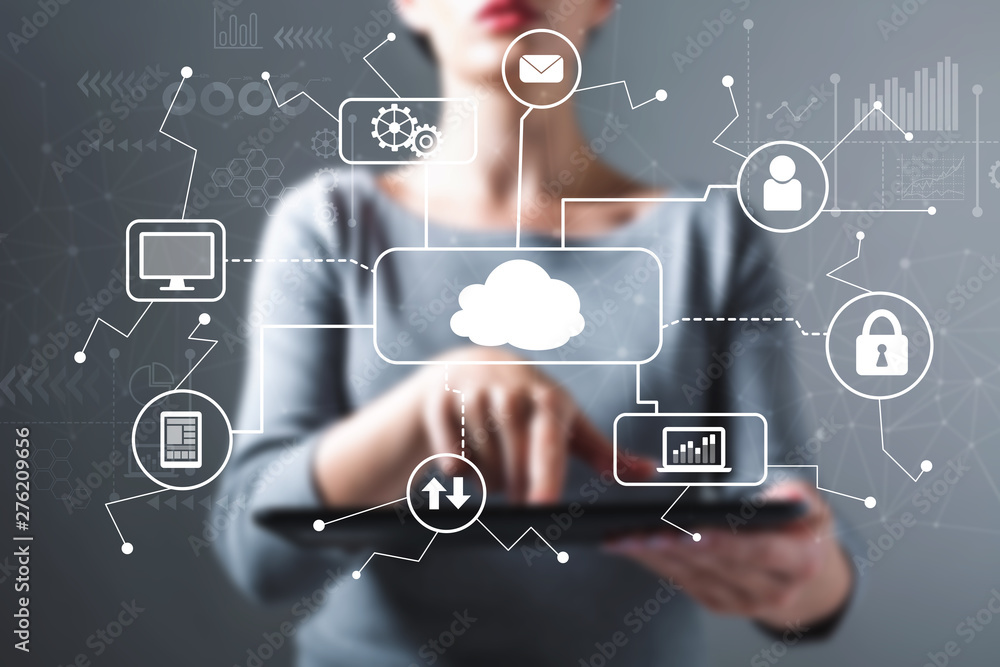 Poster cloud computing with business woman using a tablet computer