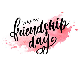 Vector illustration of hand drawn happy friendship day felicitation in fashion style with lettering text sign and color triangle for grunge effect isolated on white background