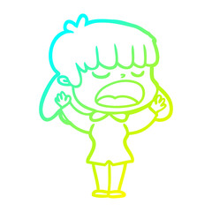 cold gradient line drawing cartoon woman talking loudly