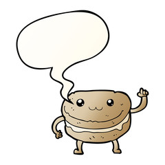 cartoon waving cake character and speech bubble in smooth gradient style