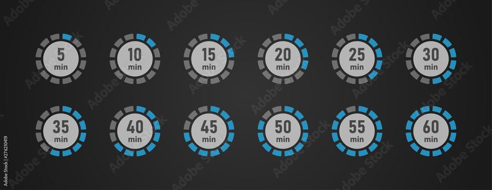 Wall mural timer icons set, twelve timer indicators from 5 minutes to 60 minutes, vector illustration.