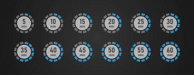 Timer icons set, twelve timer indicators from 5 minutes to 60 minutes, vector illustration.