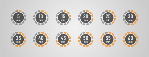 Timer icons set, twelve timer indicators from 5 minutes to 60 minutes, vector illustration. - obrazy, fototapety, plakaty
