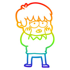 rainbow gradient line drawing cartoon exhausted boy