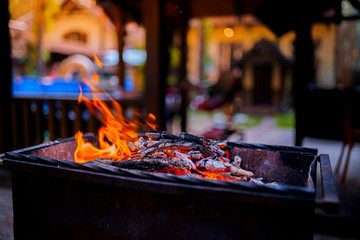 Wood burning in the grill, fireplace. preparation for barbecue
