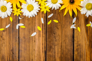 Obraz premium White daisies and garden flowers on a brown wooden table. Top view, copy space.