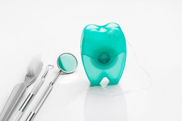 dental tools on white background top view