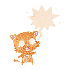 cartoon cat and speech bubble in retro textured style