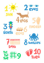 Numbers and counting practice printable poster, worksheet for pre school, kindergarten kids. Colorful   numbers flashcard for kids learning to count.