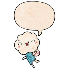 cute cartoon cloud head creature and speech bubble in retro texture style