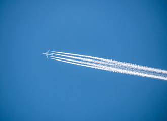 High flying plane against a blue sky