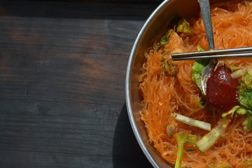fried noodles and vegetables with Korean spicy chili