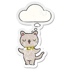 cartoon cat and thought bubble as a distressed worn sticker