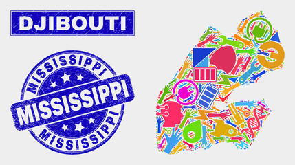 Mosaic tools Djibouti map and Mississippi seal. Djibouti map collage composed with scattered colorful tools, palms, service elements. Blue rounded Mississippi seal with scratched texture.