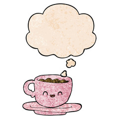 cartoon hot cup of coffee and thought bubble in grunge texture pattern style