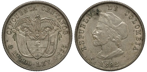Colombia Colombian silver coin 50 fifty centavos 1892, shield with designs in front of crossed...
