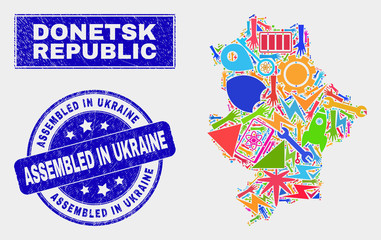 Mosaic tools Donetsk Republic map and Assembled in Ukraine stamp. Donetsk Republic map collage created with scattered bright tools, hands, service icons.
