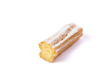 Eclairs isolated on white background. Delicious french dessert. Sweet dessert.