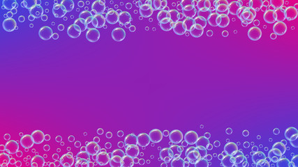 Shampoo bubble. Detergent bath foam, suds and soap for bathtub. 3d vector illustration banner. Trendy fizz and splash. Realistic water frame and border. Purple colorful liquid shampoo bubble.