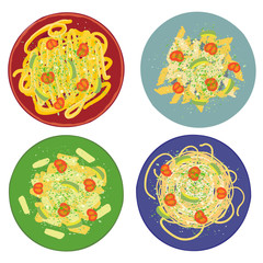 Pasta pesto with Spaghetti, penne, tagliatelle and fisilli on colored plates.