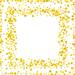 Gold glitter dots confetti on isolated backdrop. Falling sequins with glossy sparkles. Design with gold glitter dots for party invitation, bridal shower and save the date invite.