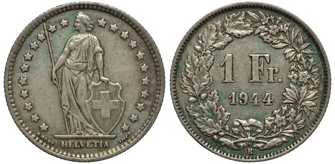 Switzerland Swiss silver coin 2 two francs 1944, WWII issue, woman holding spear and shield with cross within circle of stars, denomination and date within wreath,