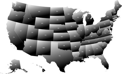 Map of the United States of America split into individual states. Displaying postal codes for each state. Gradual coloring from white to black creating a 3D effect.