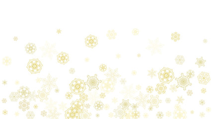 Glitter snowflakes frame on white horizontal background. Shiny Christmas and New Year frame for gift certificate, ads, banners, flyers. Falling snow with golden glitter snowflakes for party invite