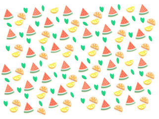 3D summer fruits, watermelon, melon, orange, lemon, grapefruit, lots of variety. Background composition.