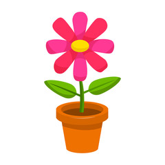 Bright cartoon flower in the pot in flat style isolated on white background. Vector illustration. 