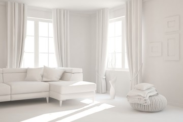 Mock up of stylish room in white color with sofa. Scandinavian interior design. 3D illustration