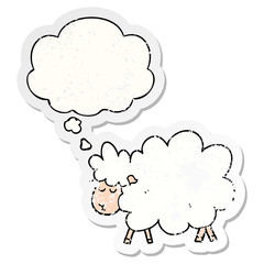 cartoon sheep and thought bubble as a distressed worn sticker