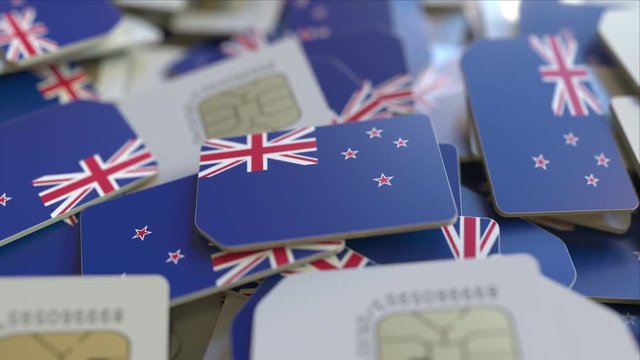 Multiple SIM cards with flag of New Zealand. National mobile telecommunications conceptual 3D animation