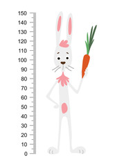 Rabbit wall meter. Cute bunny with a gift on a background of flowers. Stadiometer. Vector illustration.