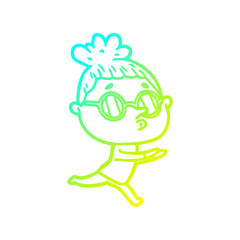 cold gradient line drawing cartoon woman wearing glasses
