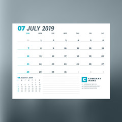 Calendar planner template for July 2019. Design print vector template