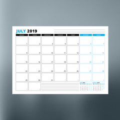 Calendar planner template for July 2019. Design print vector template
