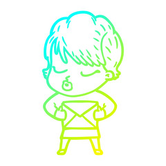 cold gradient line drawing cartoon woman with eyes shut