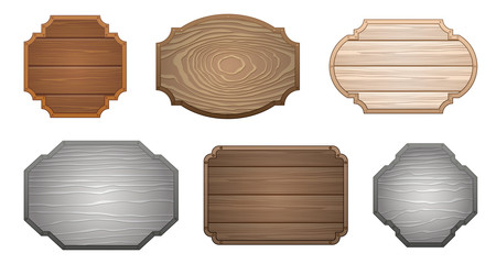 Illustration of wooden stickers, label collection. Set of various shapes wooden signboards for sale, price and discount stickers, banners, badges. Vector