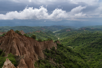 Rozhen pyramids -a unique pyramid shaped mountains cliffs in Bulgaria, near Melnik town.
