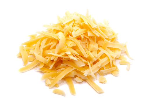 Delicious grated cheese on white background