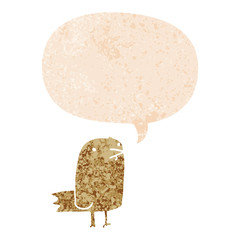 cartoon bird and speech bubble in retro textured style