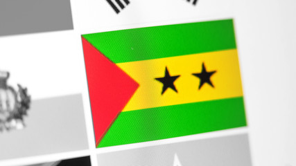 Sao Tome and Principe national flag of country. Sao Tome and Principe flag on the display, a digital moire effect.