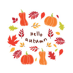 Hello autumn. Fall of hand drawn autumn leaves. Vector illustration.