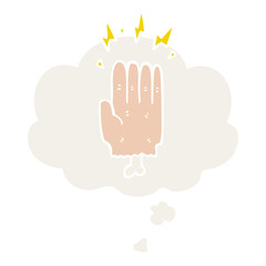 cartoon magic halloween zombie hand and thought bubble in retro style