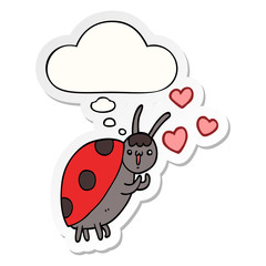 cute cartoon ladybug in love and thought bubble as a printed sticker
