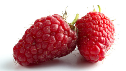 two ripe beautiful raspberry berry on a white background