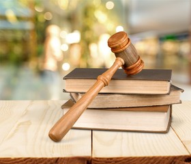 Wooden judge gavel and cottage house mockup, law and justice concept