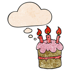 cartoon birthday cake and thought bubble in grunge texture pattern style