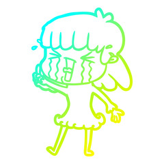 cold gradient line drawing cartoon woman in tears